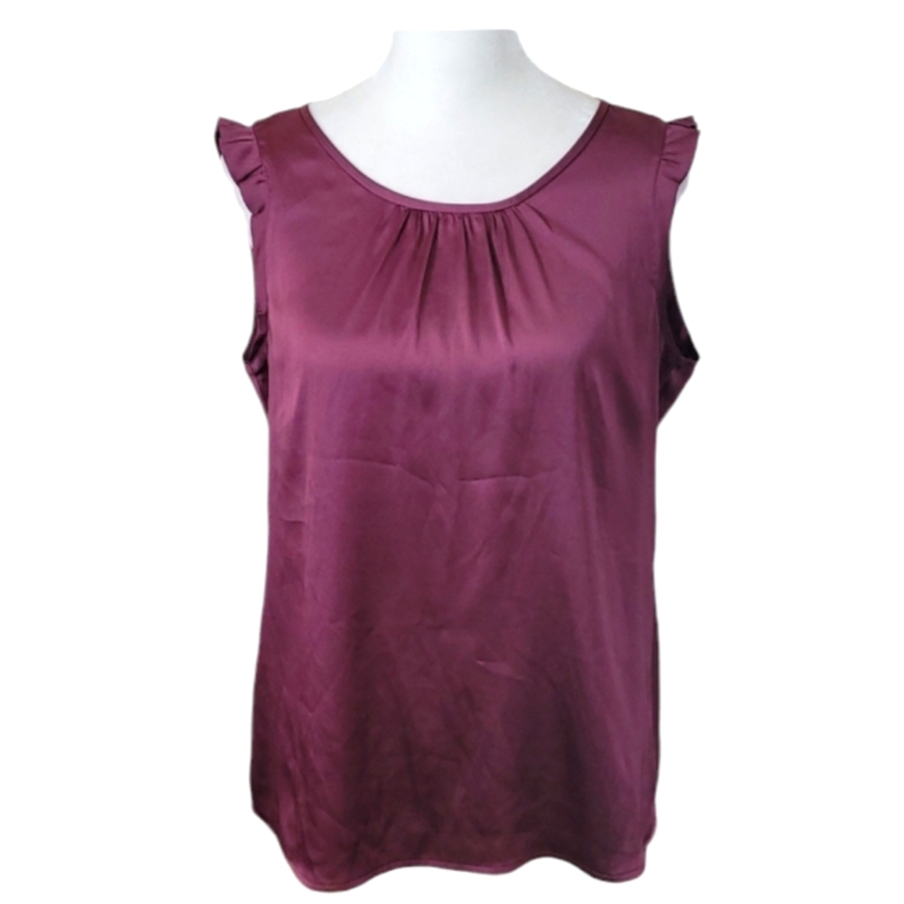 Loft Purple Silky Top Ruffled Cap Sleeve Keyhole Back Pleated Neckline Sz MP